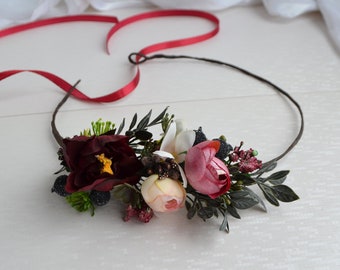 Burgundy Blush Flower Girl crown Boho Wedding flower crown Small Bridesmade Hairpiece Bridal Headpiece Maternity floral crown Flower halo