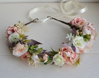 Pink white flower crown, pink white flower comb, Boho flower crown, Bridal accessories Pink groomsmen Boutonniere