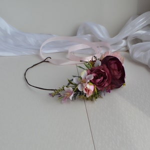 Profundo púrpura rosa corona floral púrpura peony Boho tocado novia pequeña flor corona boda pelo flores