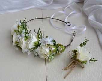 Wedding set White Greenery flower crown Boutonniere Groom White Boutonhole Small Flower crown Bridal Headpiece Rose floral crown