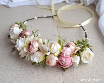 Blush rosa flor corona marfil boda flor corona maternidad flor pastel corona Floral Boho diadema dama de honor Headpiec