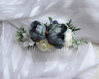 Dusty blue flower comb Blue White floral comb Wedding hair comb Bridesmaids flowers accessories