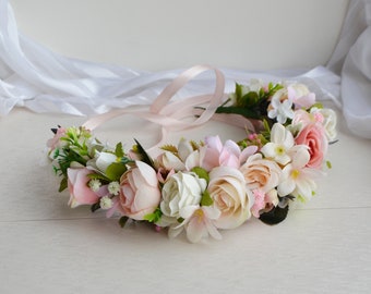 Corona de flor pastel Blush Tocado Rosa Flor chica corona Melocotón Accesorios de boda