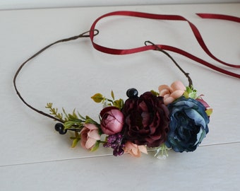 Small boho flower crown Dusty blue burgundy floral crown Boho flower crown Small wedding headpiece