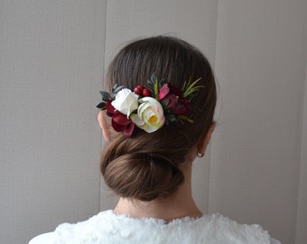 Burgundy beige flower comb Deep red hair comb Winter Wedding hair clip Bridal hairpiece Boho burgindy hair flowers
