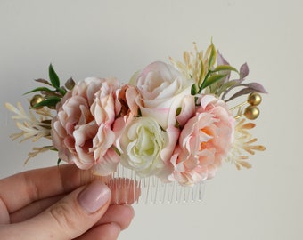 Pink flower comb Pastel hair comb Wedding bridal comb Boho headpiece Winter wedding accessories Pink white flower comb