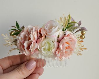 Pink flower comb Pastel hair comb Wedding bridal comb Boho headpiece Winter wedding accessories Pink white flower comb