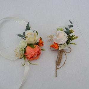 Orange white wrist corsage Rust white boutonniere Orange Rose Corsage Fall wedding accessories Orange boutonniere