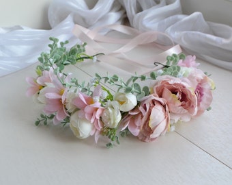 Blush pink Flower crown Peony Eucalyptus floral crown White Light Pink Headpiece Eucalyptus Wedding Hairpiece