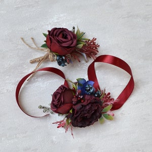 Burgundy navy blue corsage Burgundy boutonniere Winter wedding silk flowers boutonniere Burgundy blue corsage