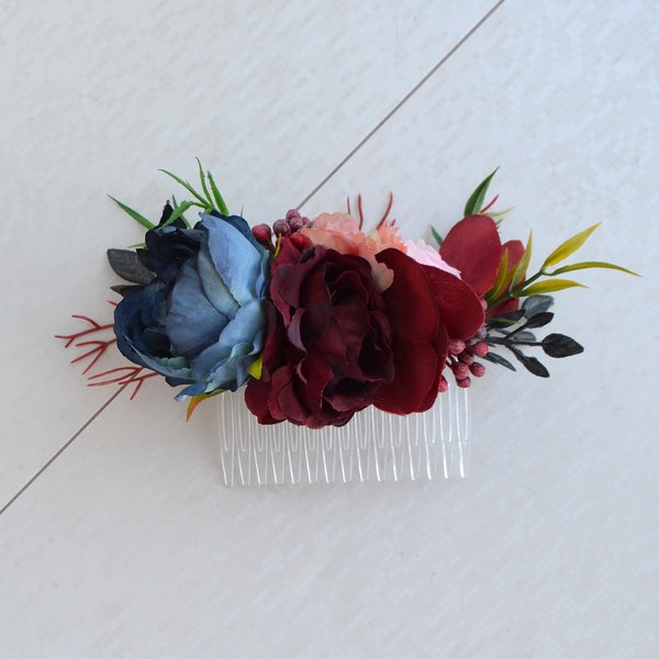 Burgundy Dusty blue Flower comb Navy Pink hair comb Wedding hairpiece Dusty Blue Peony floral comb