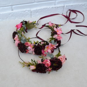 Burgundy Pink flower crown Small Boho Headpiece Burgundy flower girl crown Wedding Woodland headband