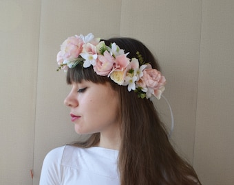 Blush Peony Flower crown Wedding Bridesmaid Headpiece Boho floral crown Maternity Hairpiece Pastel Outdoor Pink White crown