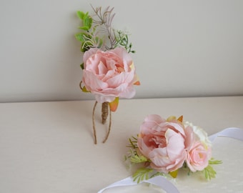 Blush pink boutonniere Pink white wrist corsage Groom peony boutonniere Blush pink white bridesmaids corsage Pink wedding corsage