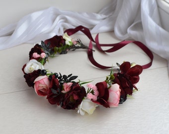 Burgundy Pink White Flower crown Deep red Headpiece Winter wedding set of hairpiece