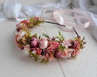 Blush pink Flower crown Rose Floral crown Boho Wedding Hairpiece Flower Girl Headpiece Bridesmaid rustic flower crown