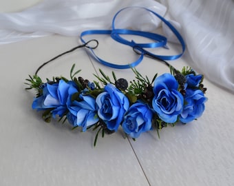 Deep blue Flower crown Royal blue Boho Floral crown Navy Wedding Hairpiece Bridesmaid Rose Headpiece Small Blue roses Hair flowers Headband