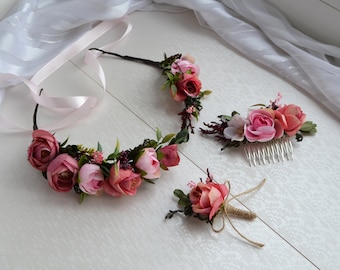 Blush Pink Greenery flower crown Boho Wedding floral crown Bridesmaid hair flowers Flower comb Pink Boutonniere