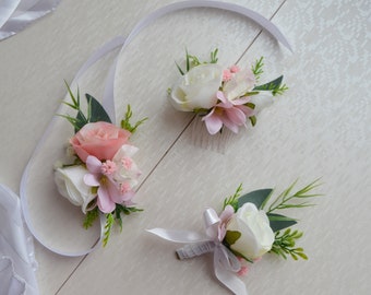 White pink boutonniere White buttonhole Groom boutonniere Pink White Wrist Corsage Pastel wedding accessories
