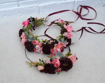 Burgundy Pink flower crown Small Boho Headpiece Burgundy flower girl crown Wedding Woodland headband