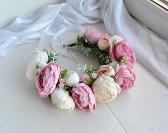 Large Pink Flower crown Maternity Floral crown Headpiece pink rose Headband