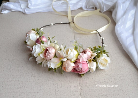 Floral Boho Headband with Pink and Cream Accents Pink Green Dried Flower Headband, Boho Rustic Wedding Floral  main image 2