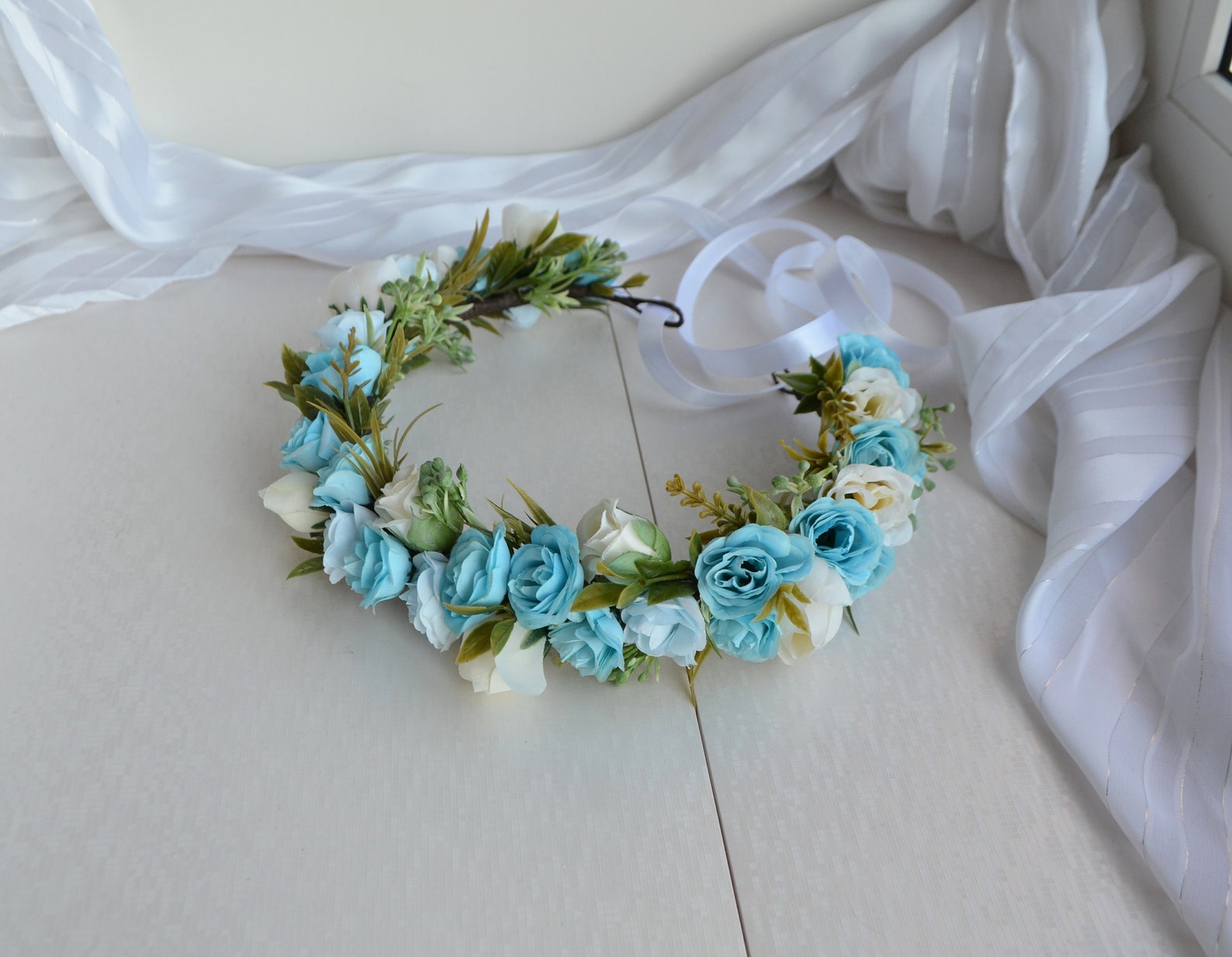 Blue Rose Flower Crown Light Blue White Wedding Floral Crown Etsy