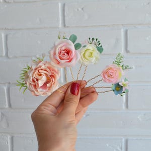 Pastel color flower pins Wedding hair flowers Pink blue hair pins Wedding floral pins Bridal flower pins Blush pink clip