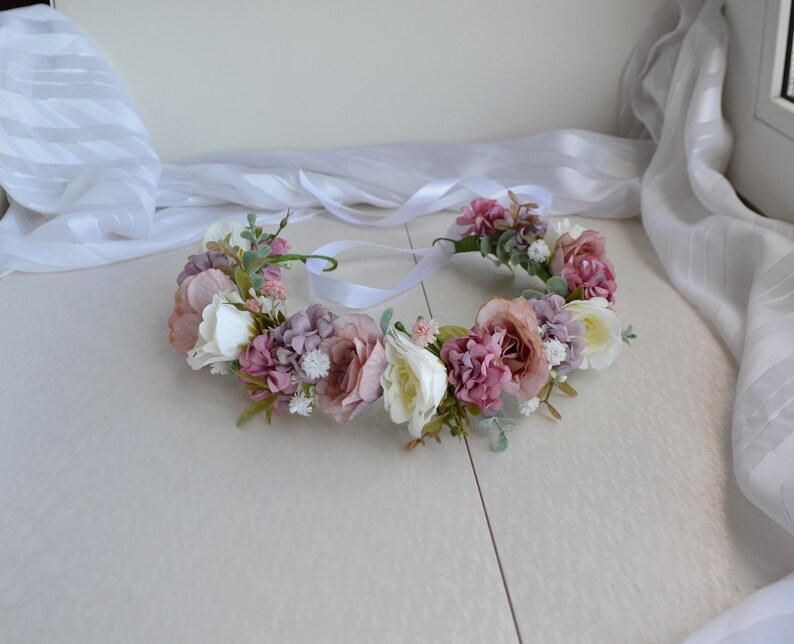 Pink Purple White Flower crown Pastel Floral crown Wedding Headpiece Rose Winter Floral crown Girl Hair piece