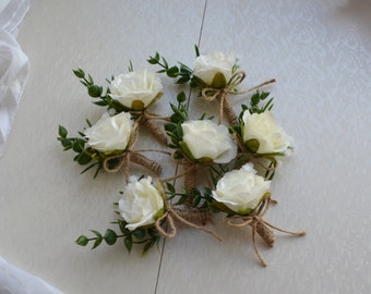 White rose boutonniere White Boutonniere for man Groomsmen buttonhole Small groom boutonniere