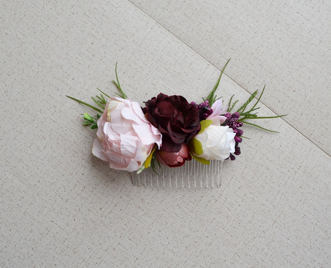 Burgundy Pink Flower Comb Pink Hair Comb Bridal Wedding Hair Etsy