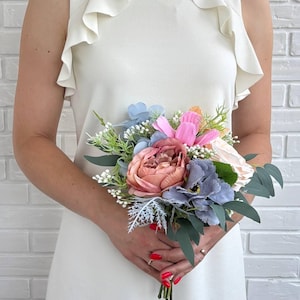 Wildflower bouquet Pink blue ivory flowers Colorful wedding bouquet Small faux bouquet Bright colors bridesmaid bouquet