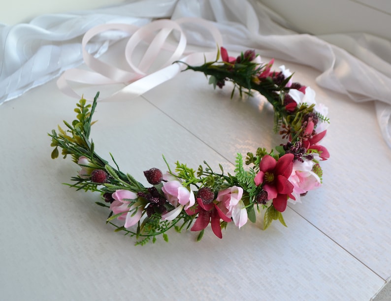 Woodland Flower crown Rustic Wedding Headpiece Burgundy blush pink Hairpiece Bridesmaid crown Greenery crown Maroon Bridal Flower crown