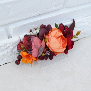 Burgundy Orange Flower Comb Rust Deep Red Comb Bridal Hair Comb Wedding Fall Headpiece Floral comb Peony Clip