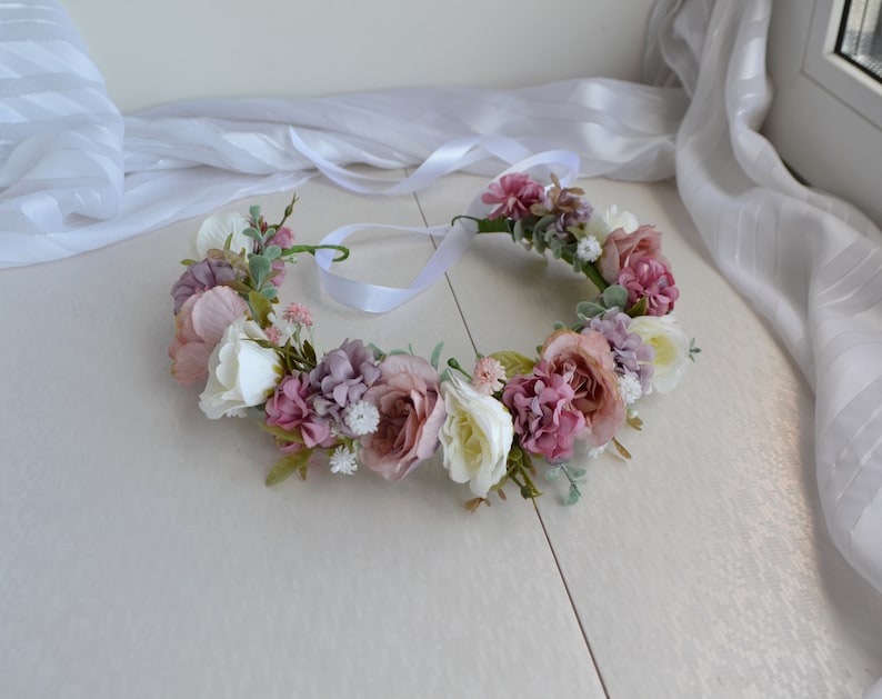 Pink Purple White Flower crown Pastel Floral crown Wedding Headpiece Rose Winter Floral crown Girl Hair piece