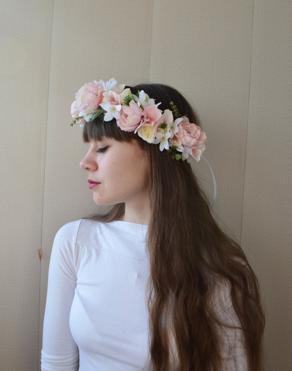 Pink white flower crown Peony rose floral crown Boho wedding Bridal headband Flower halo Bridesmaid hair wreath Floral headpiece