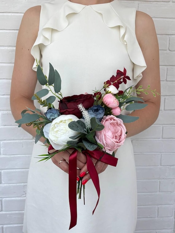 Burgundy Navy Pink Bouquet Bridesmaids Bouquet Wedding Boho Bouquet Small Burgundy Vavy Bouquet Small Bridesmaids Bouquet