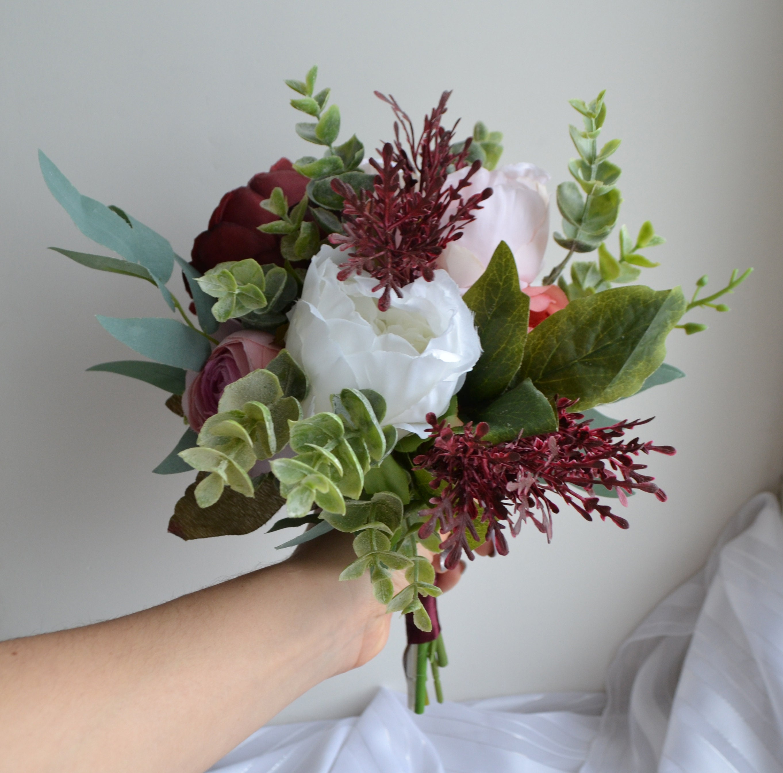 Small burgundy bridesmaid bouquet Small round bouquet Boho faux bouquet Wedding bridesmaids bouquet