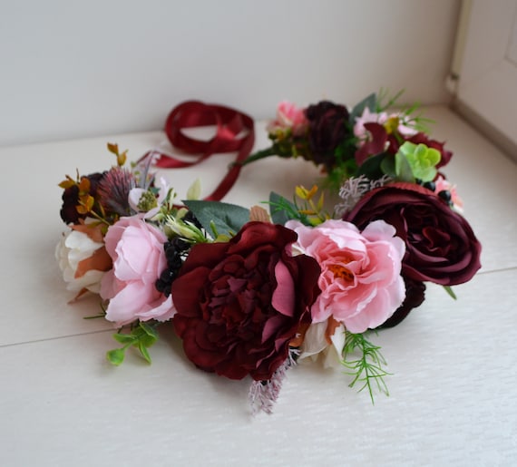 Large Maternity Flower Crown Blush Peony Burgundy Headpiece  display picture 1