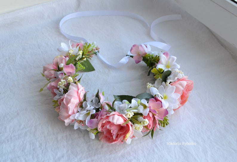 Pink Peony Flower Crown Pink and White Floral Crown Weding Etsy
