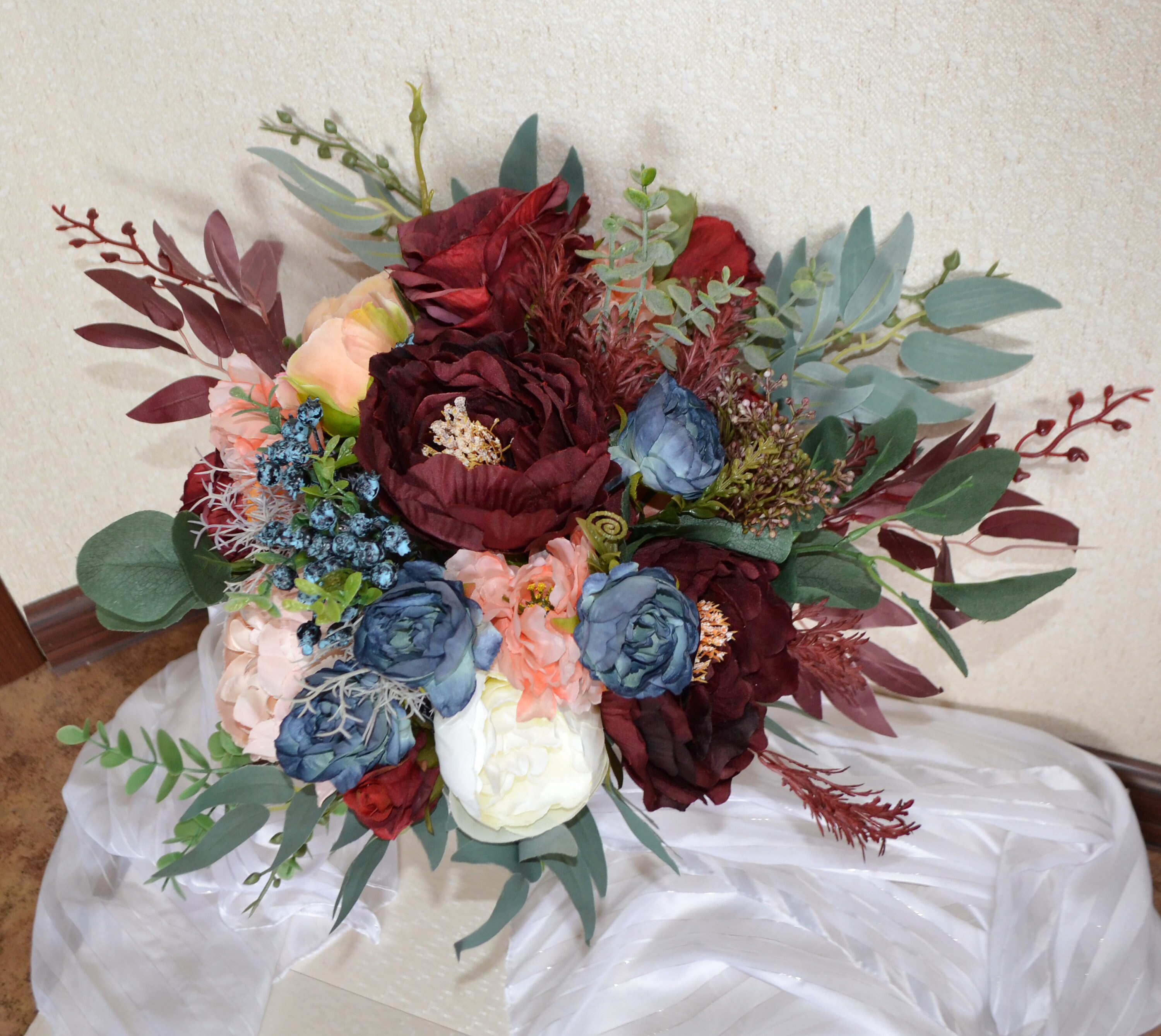 Burgundy Navy Blue Bouquet Bridal Fall Bouquet Faux Wedding - Etsy