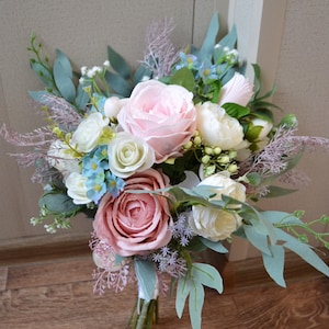 Blush Pink tone bouquet White pink blue faux bouquet Wedding blue pink rose bouquet Boho bridal bouquet