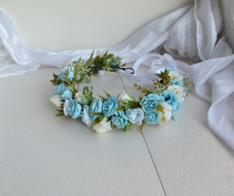 Blue Rose Flower Crown Light Blue White Wedding Floral Crown Etsy
