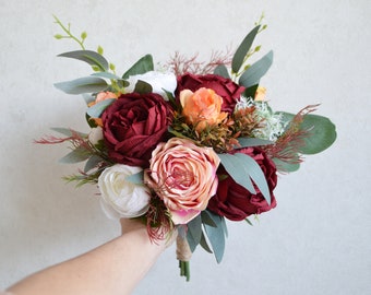 Orange small bouquet Burgundy orange white Fall wedding bouquet Bridesmaids faux bouquet Wedding accessories