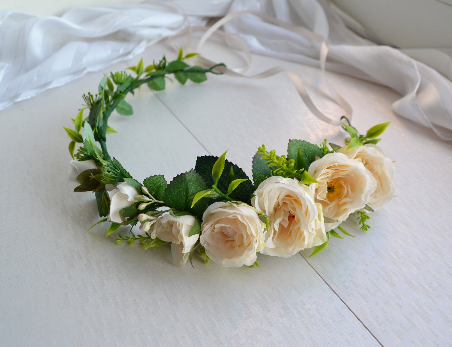 Ivory Green Flower Crown Boho Wedding Floral Crown Small Rose Etsy