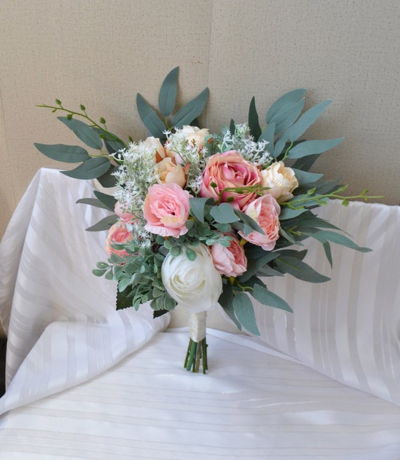 Blush rosa Eukalyptus Boho Brautstrauß Pastell Hochzeit Kunststrauß Rosa Weiß Bouquet