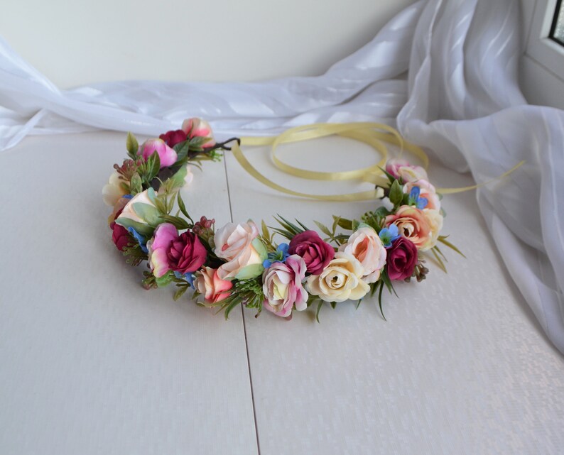 Kids Flower crown Bright Summer Girl floral crown Pink Baby Headpiece Beige Rose Hairpiece for girl Toddler Headpiece