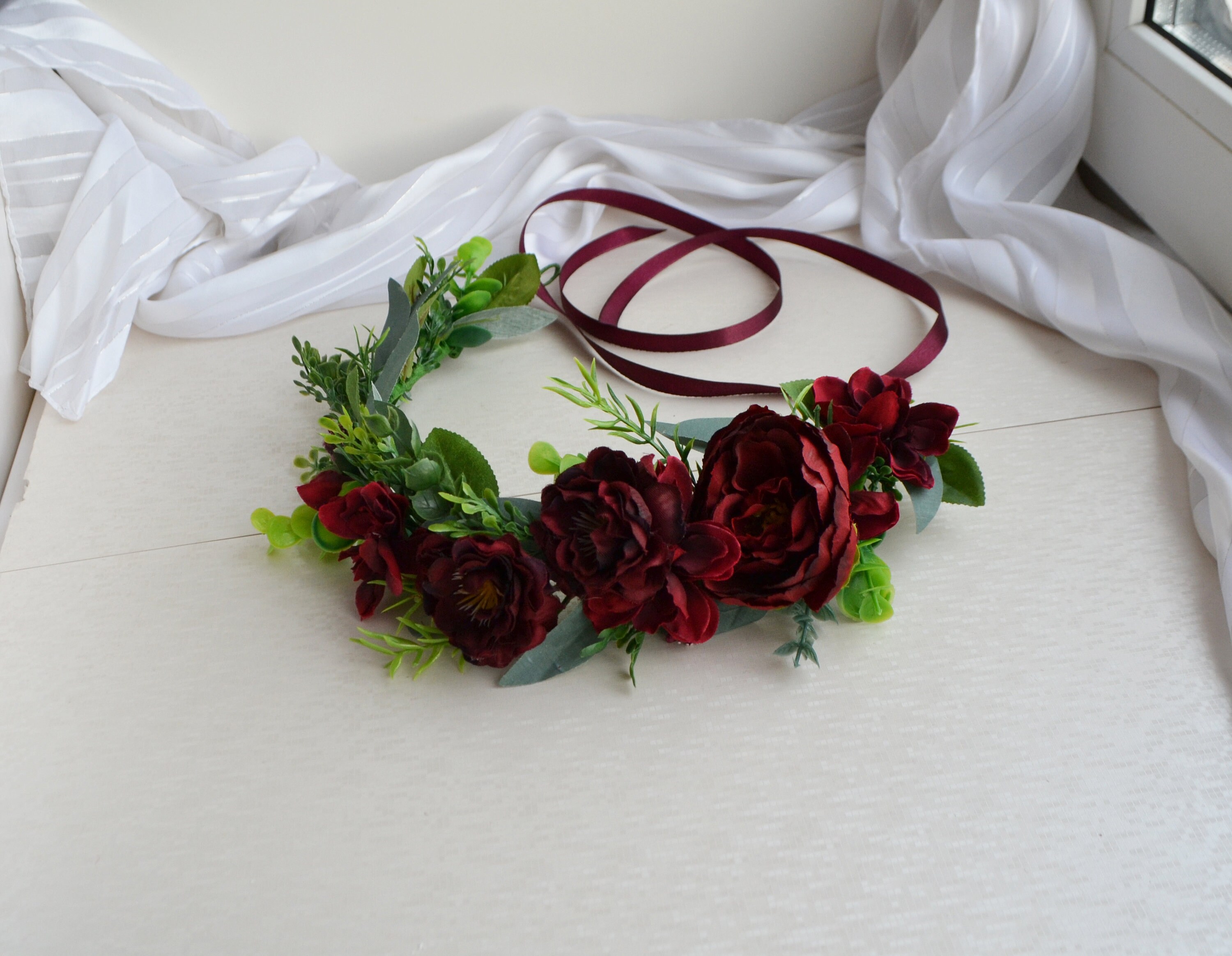 Burgundy greenery flower crown Deep red green crown Eucalyptus Etsy