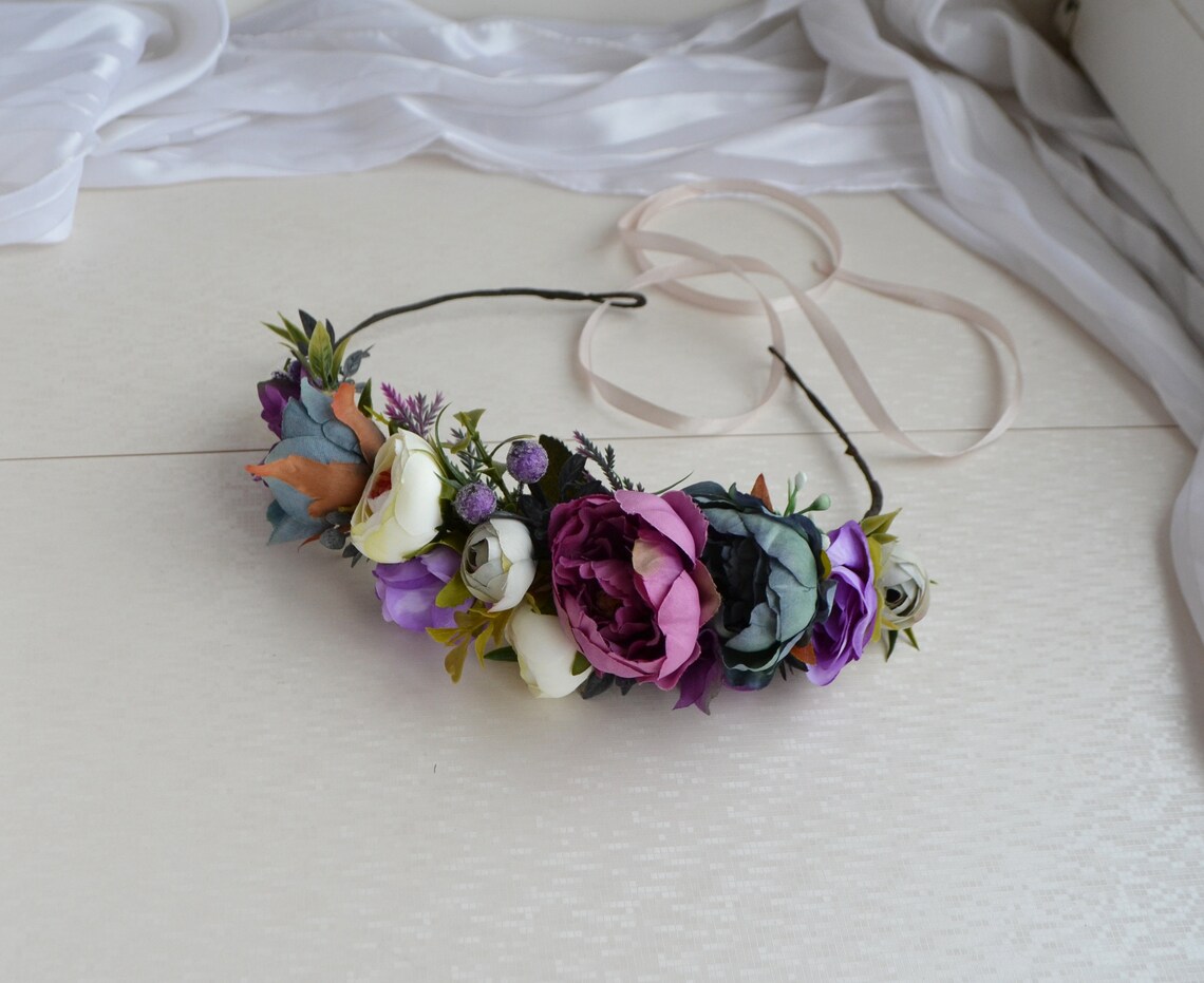 Purple Dusty Blue Ivory Flower Crown Small Bright Floral Crown Etsy