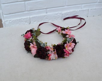 Burgundy Pink wedding flower crown Deep red Blush Floral crown Boho Headpiece Girl Mommy and me Flower crown